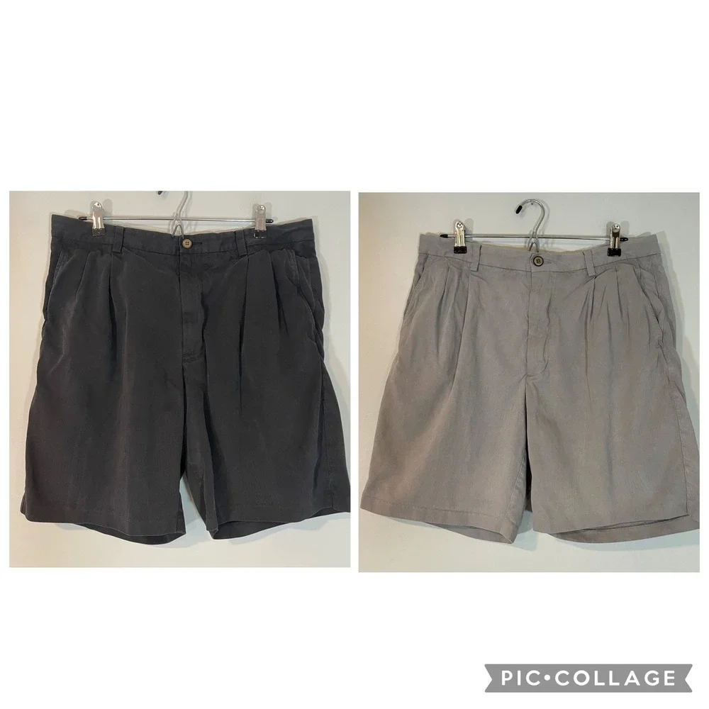 Tommy Bahama Lot of 2 Mens 35 Silk Cotton Pleated Shorts Gray Black Resort Beach